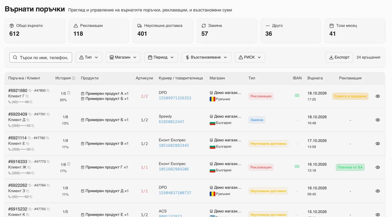 Клиентски панел на БигАрена, секция Върнати: списък с върнати поръчки, вид, магазин, IBAN и статус на възстановяването