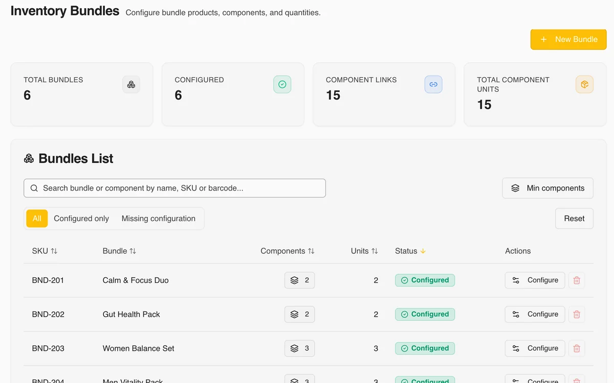 WMS Pro bundles and kits screenshot - component reservation and automatic stock deduction