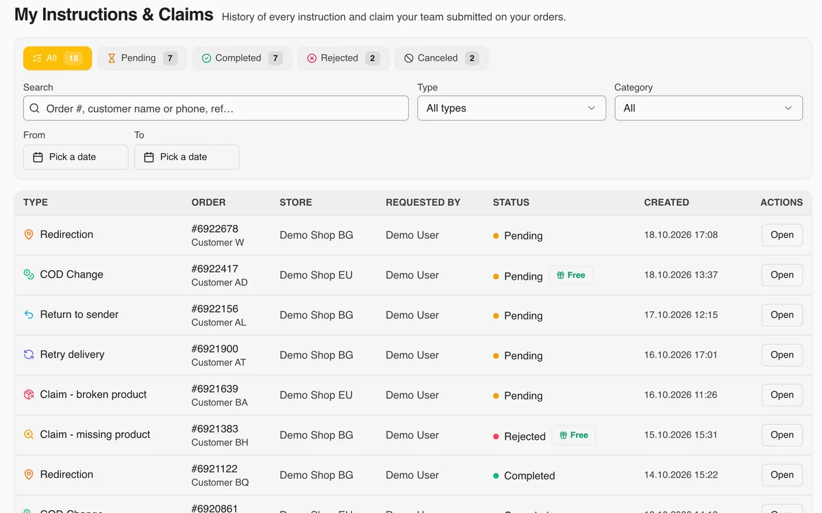 WMS Pro instructions and claims screenshot - per-order operator notes and standard operating procedures