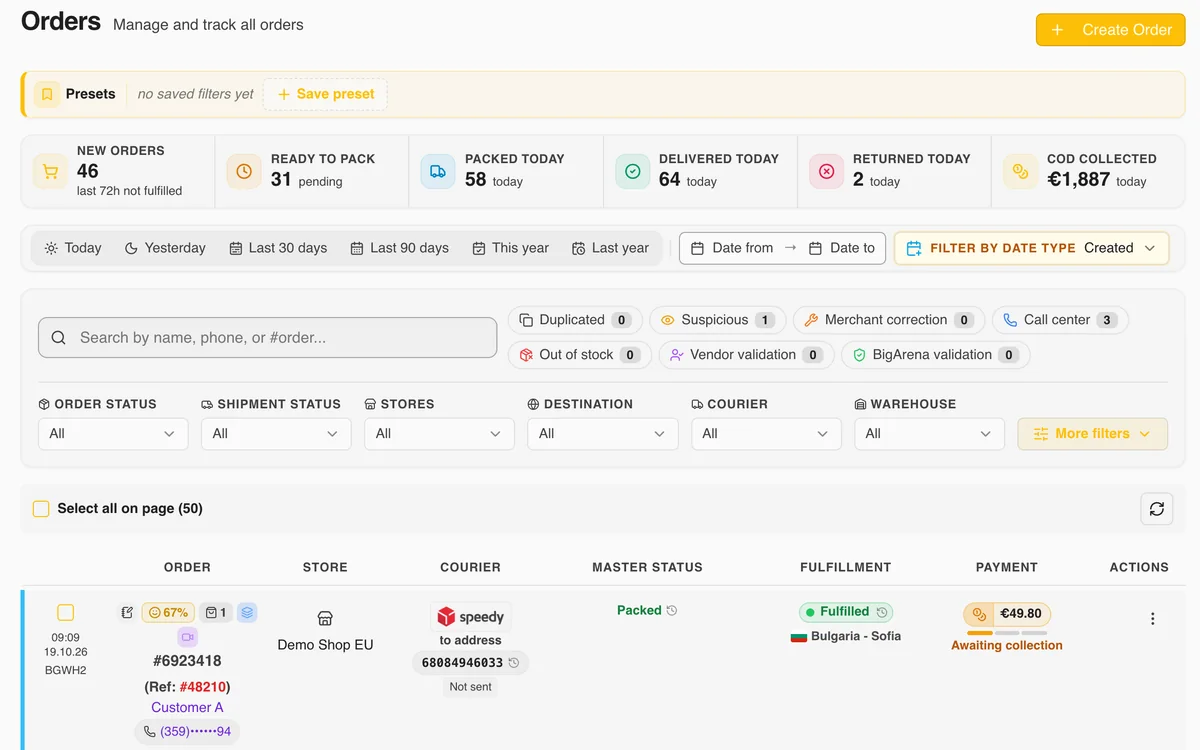 WMS Pro orders panel screenshot - orders from all stores in one queue with status, courier and payment
