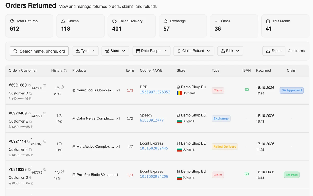 WMS Pro returns panel screenshot - returned orders with claims, exchanges and failed deliveries