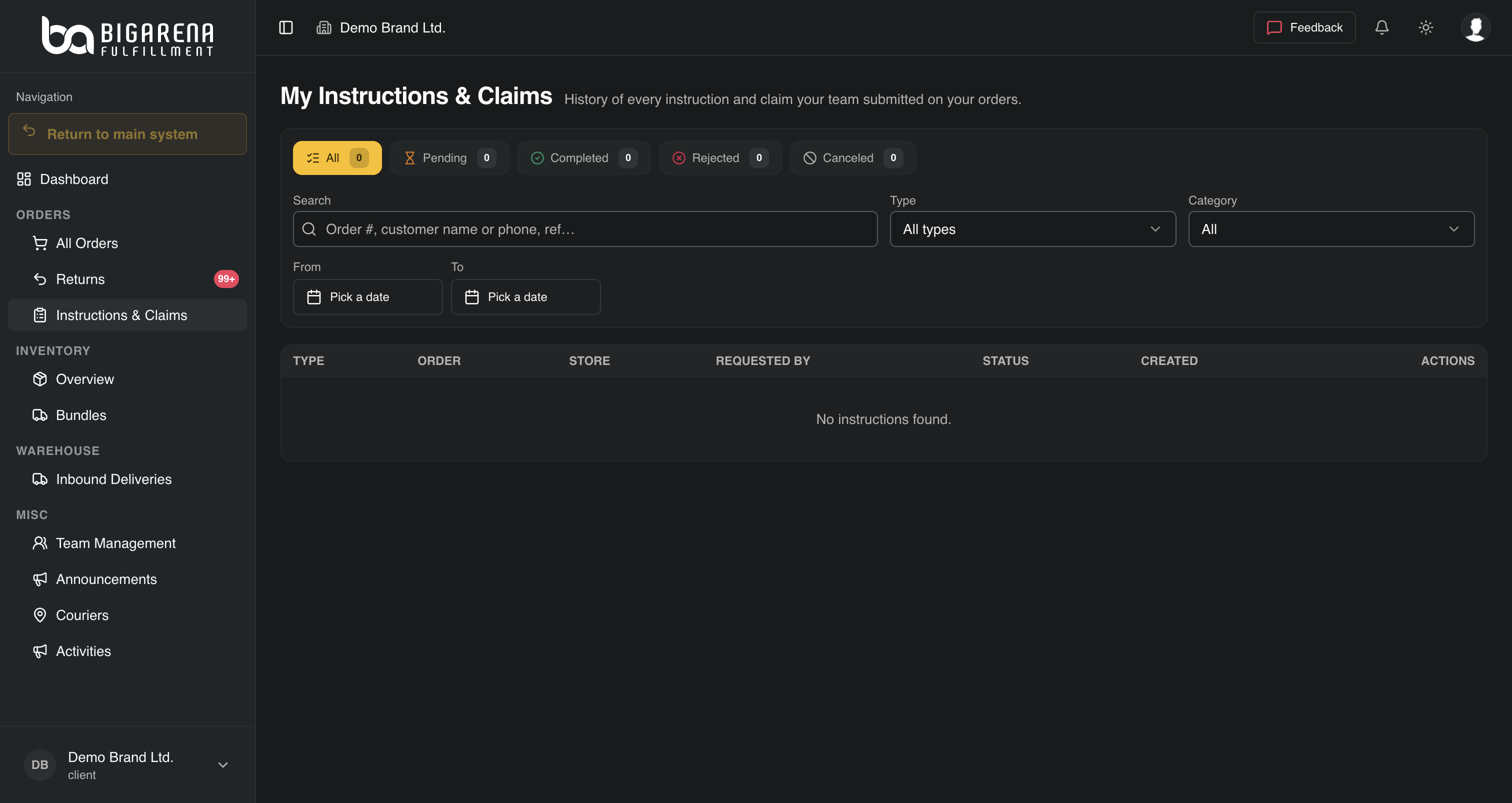 WMS Pro instructions and claims screenshot — per-order operator notes and standard operating procedures