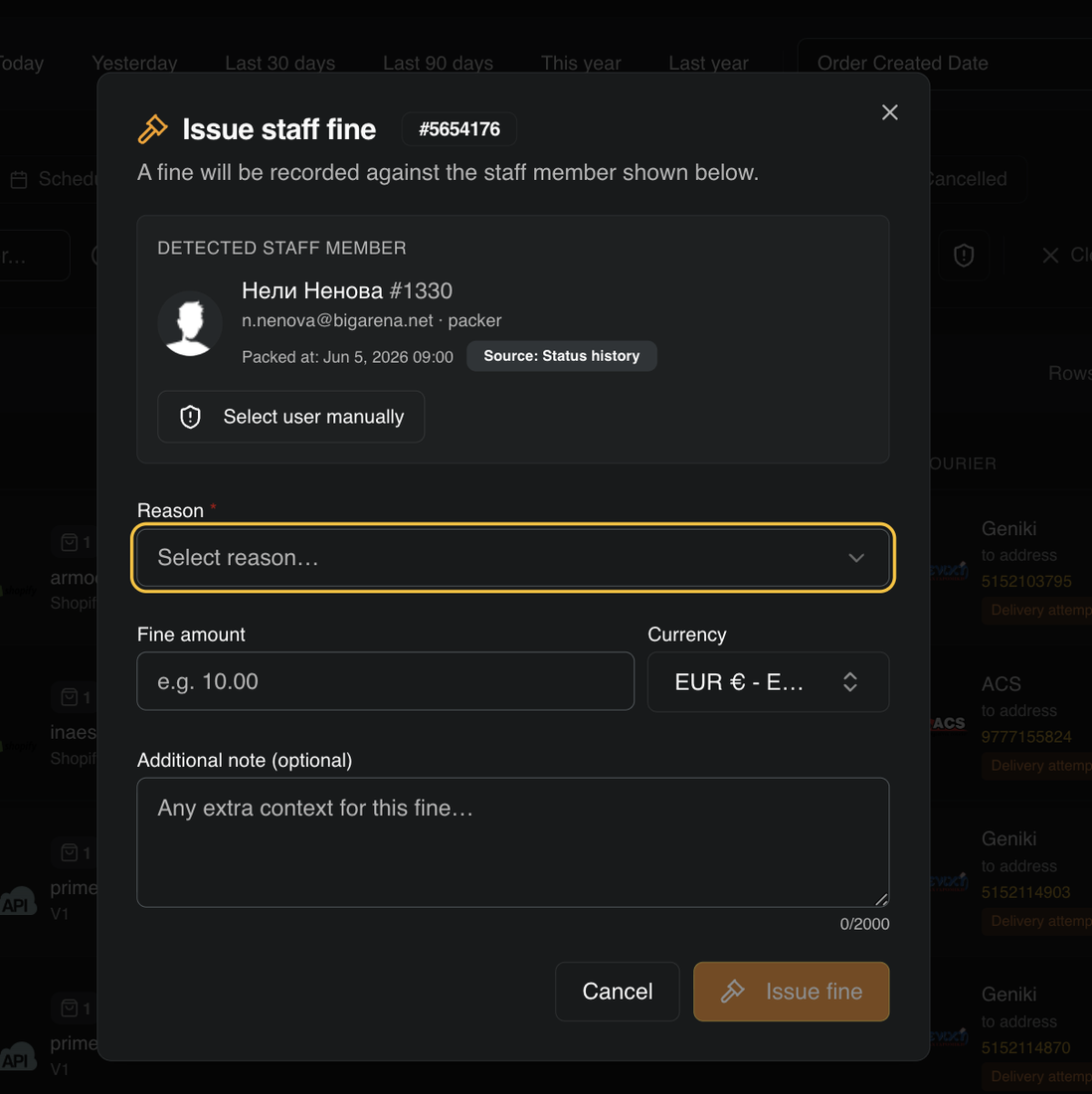 Issue staff fine modal — selected operator, reason dropdown, fine amount and currency
