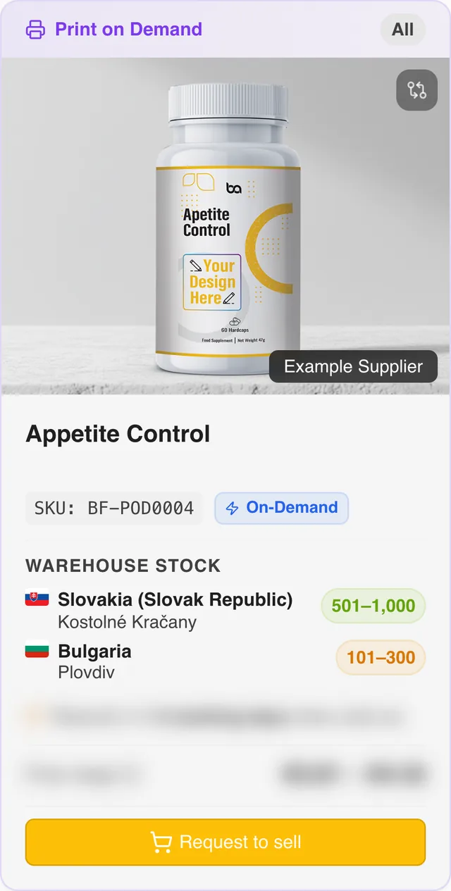Appetite Control product card in the BigArena B2B marketplace catalog, with stock per warehouse
