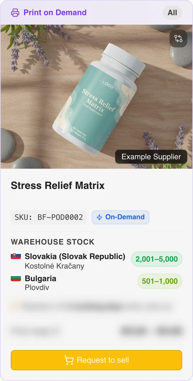 Stress Relief Matrix product card in the BigArena B2B marketplace catalog, with stock per warehouse
