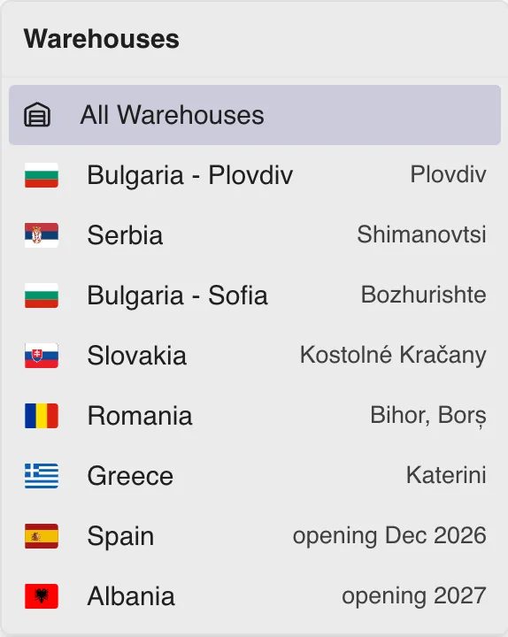 Warehouse selector in the BigArena client panel listing all 8 warehouses