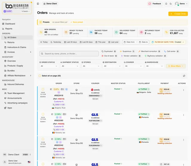 Orders screen of the BigArena client panel
