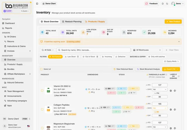 Stock screen of the BigArena client panel