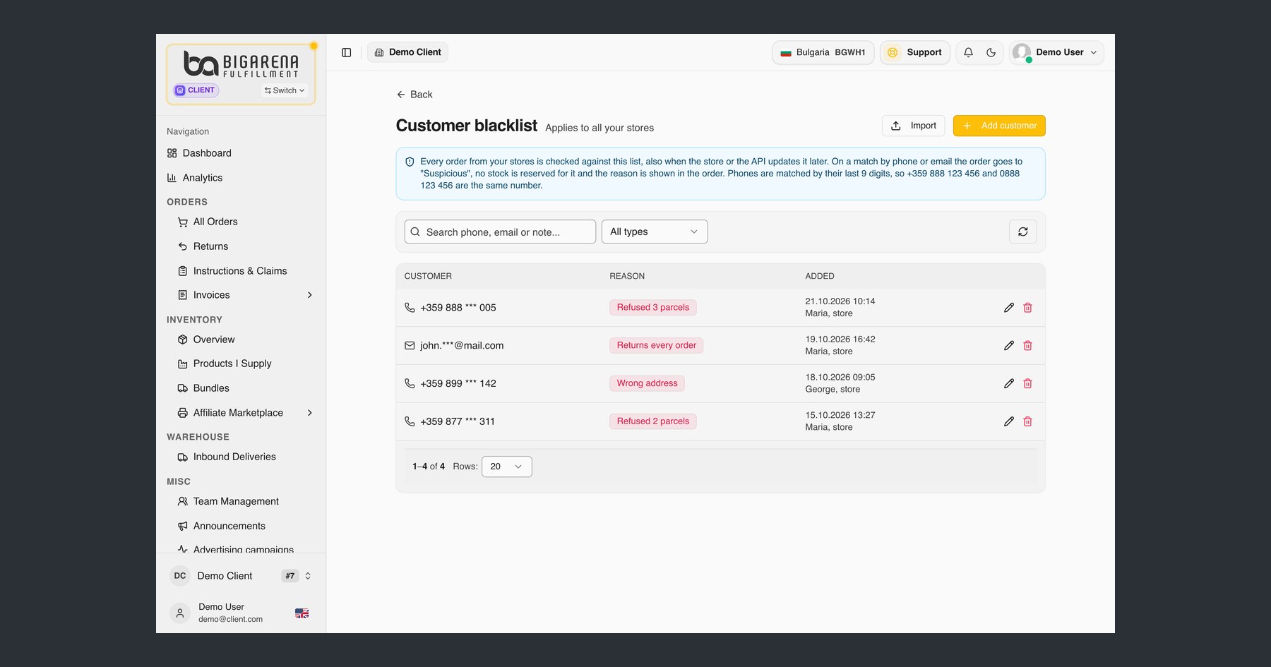 A customer keeps refusing parcels? Stop it. Customer blacklist for cash on delivery