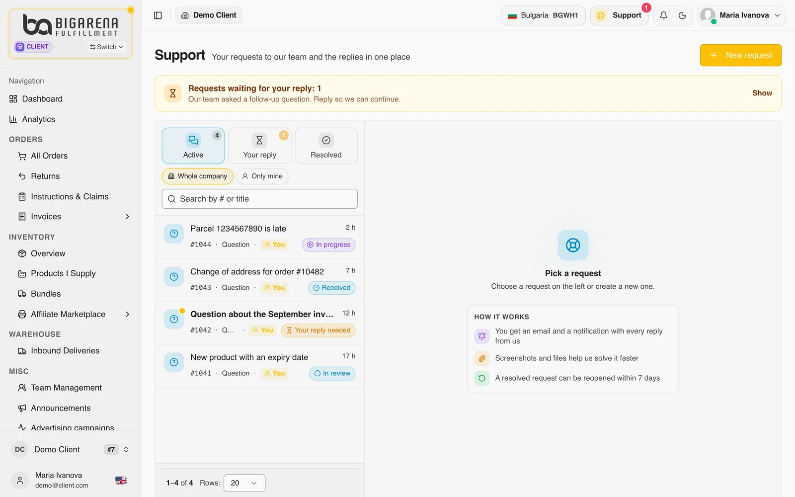 The Support page in the BigArena client panel: requests with the tabs Active, Your reply and Resolved