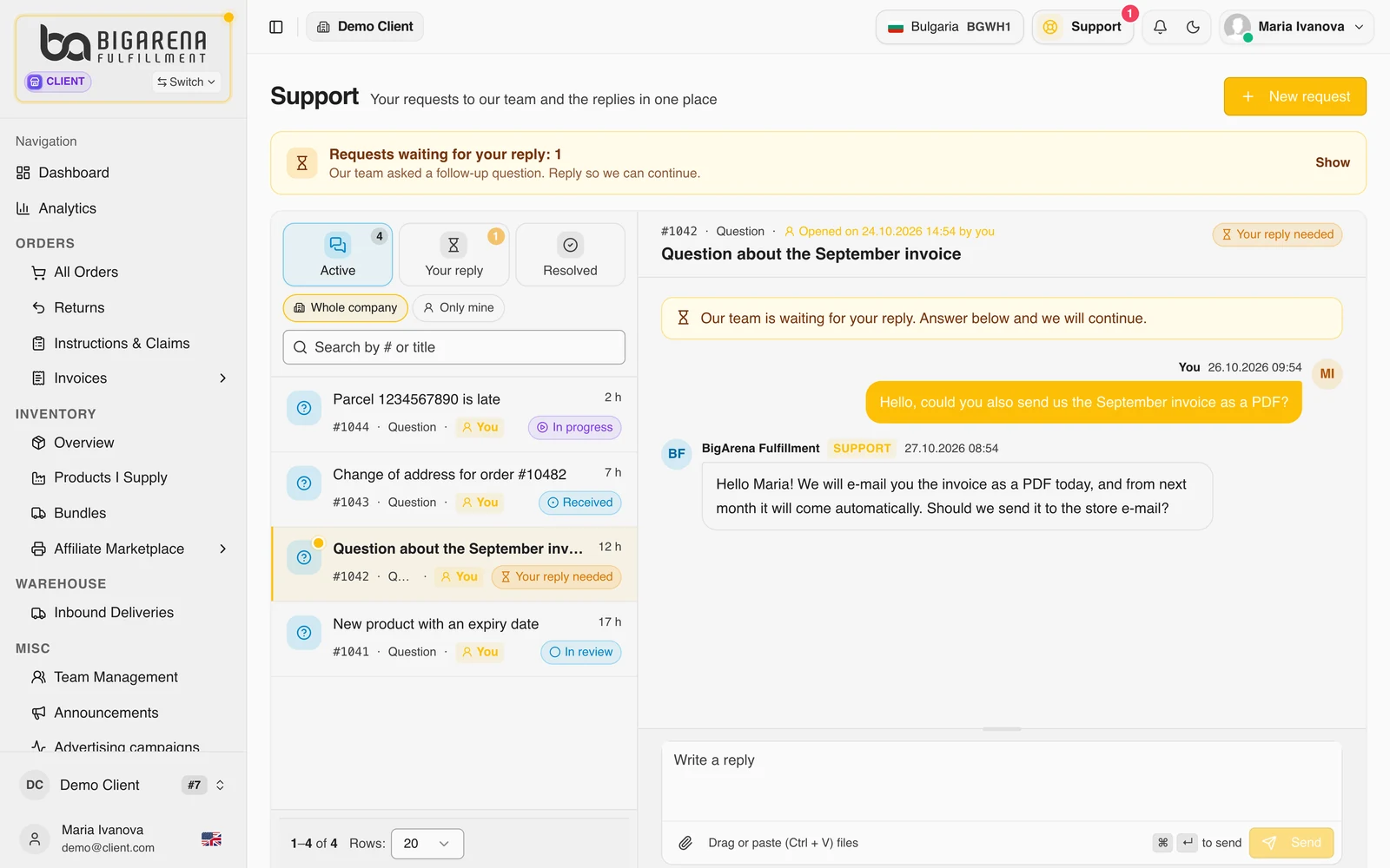 A request waiting for the customer's reply, with the answer from the BigArena team