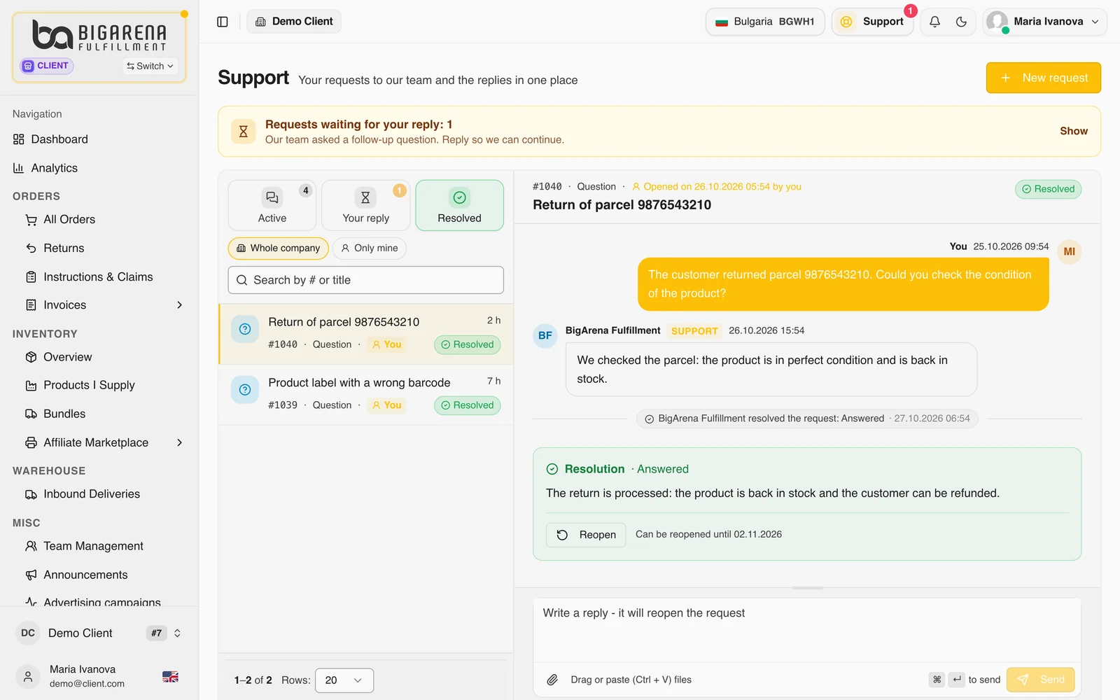 A resolved request with the resolution summary and the Reopen button